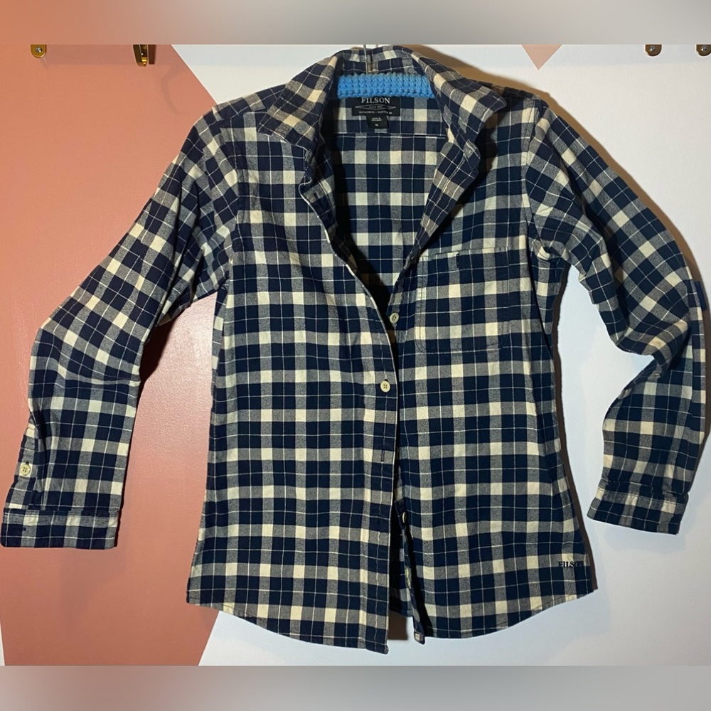Filson long sleeve flannel, medium, blue and cream, never worn